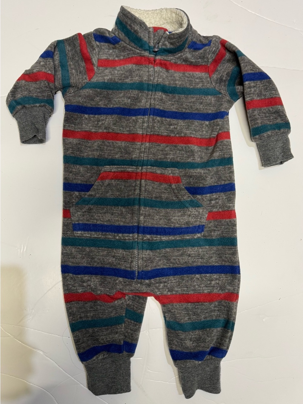 3 for $15 / Gray Footed One-Piece with Red, Blue, and Teal Stripes - Picture 2 of 4